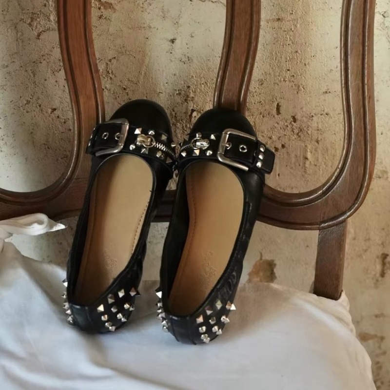 Women'S Shoes - ボルトラウンドヘッドシングルシューズレディースレザーバックルローカットフラットメリージェーンシューズ